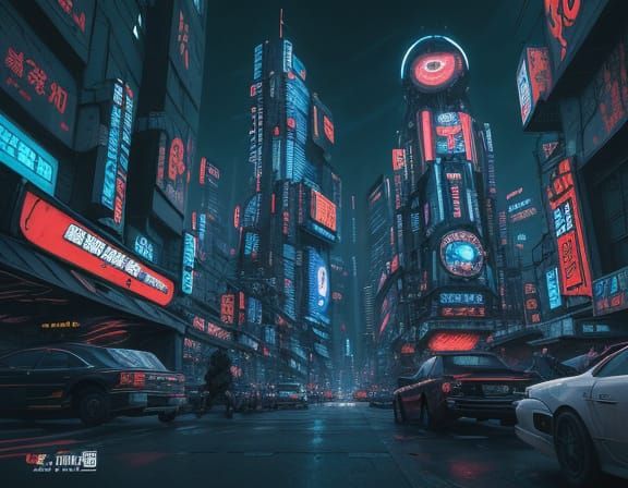 Anime Cyberpunk Cityscape with Neon Lights and Action