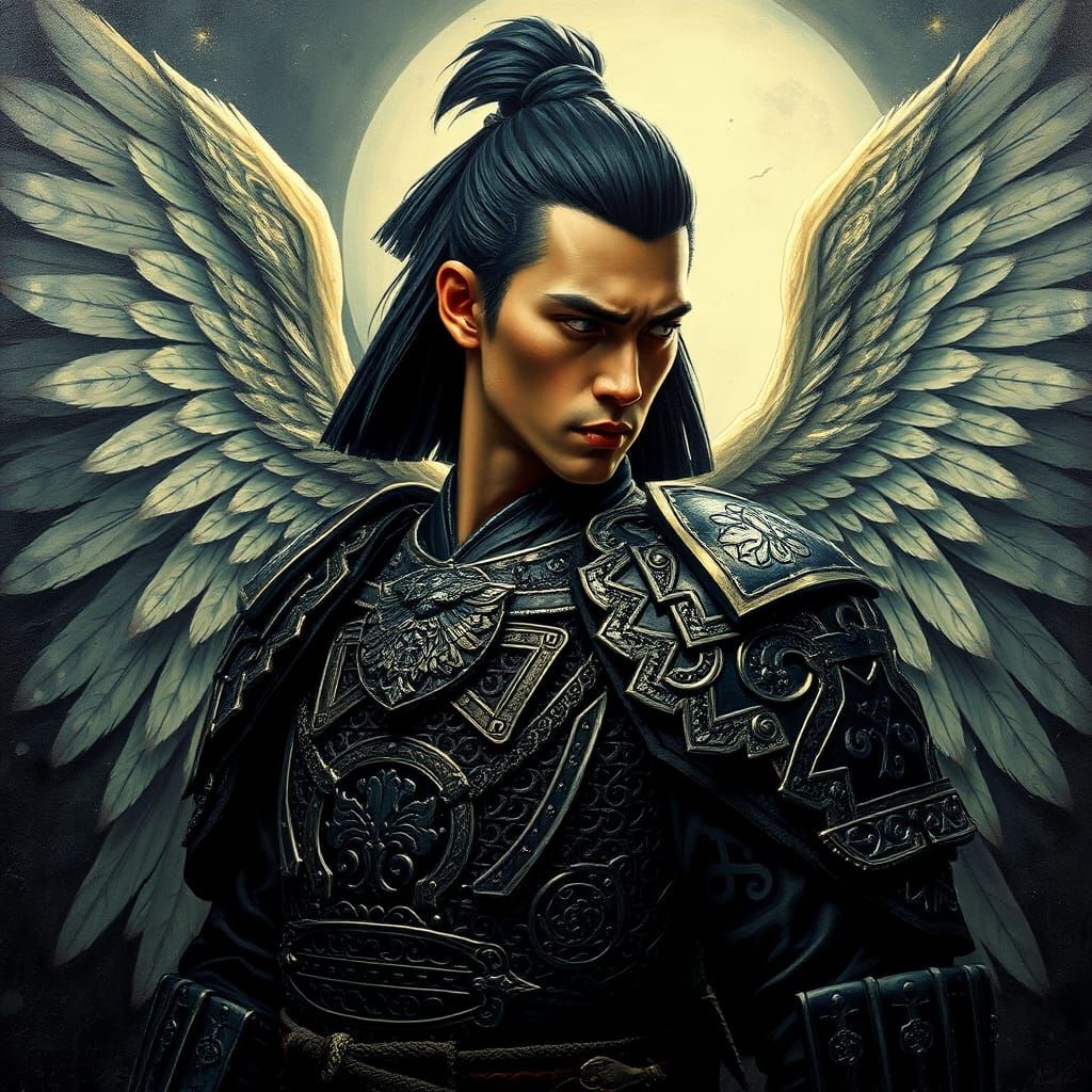 Winged Samurai Warrior in Impasto Heavy Metal Style