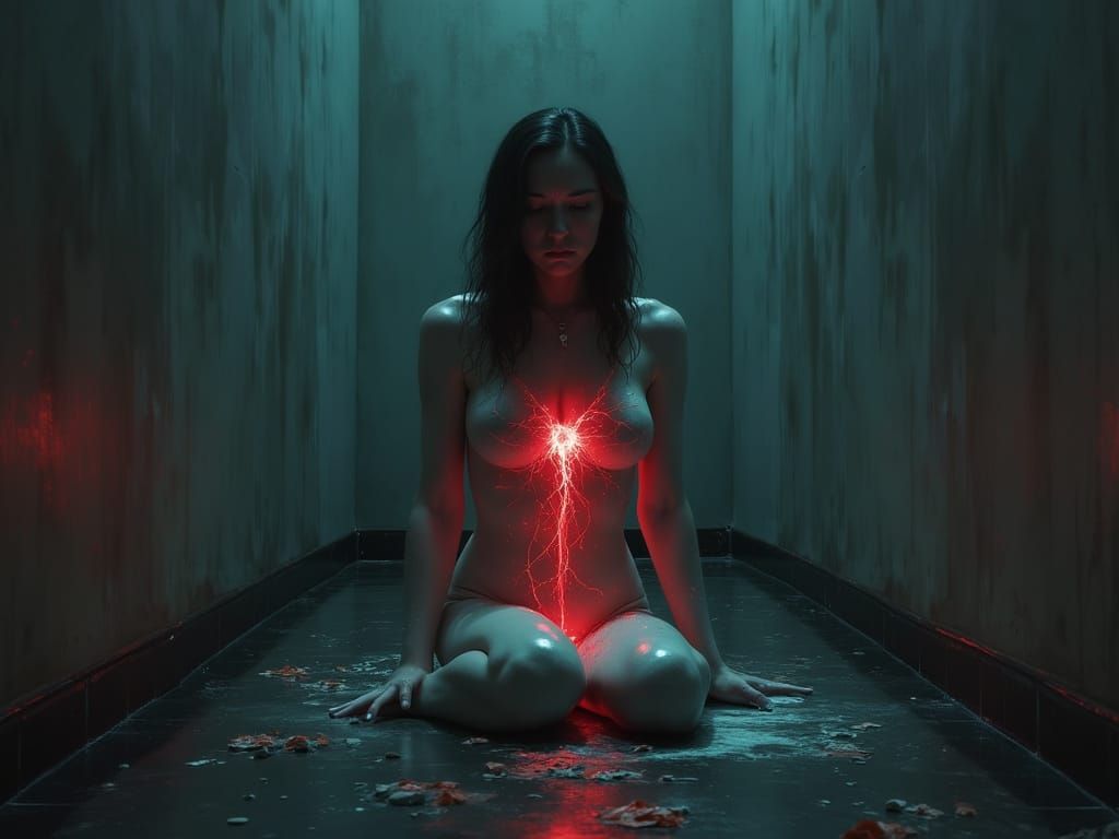 Surreal Woman with Cracked Porcelain Body in Dim Light