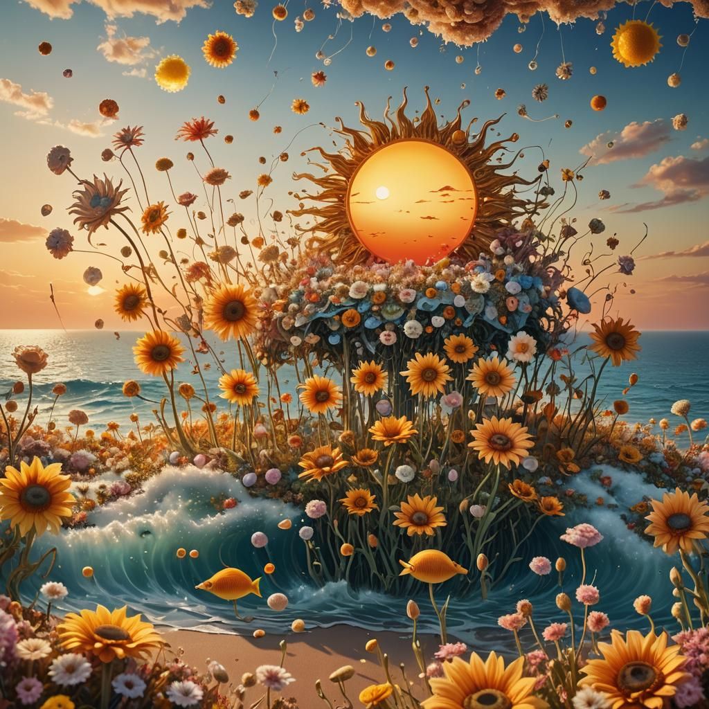 Surreal Flower Sun Over Furry Ocean
