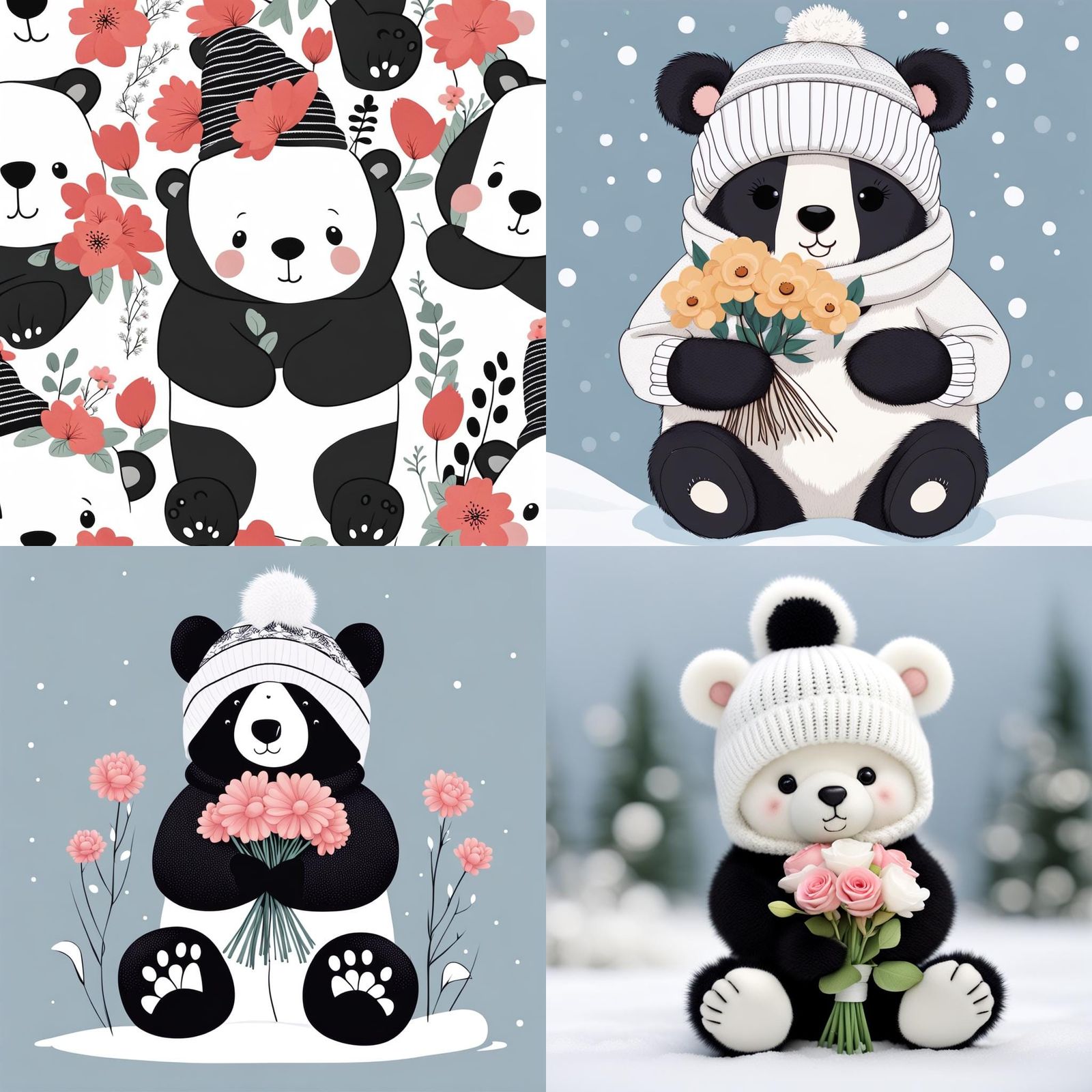 Adorable Bear with Flowers in Winter Hat