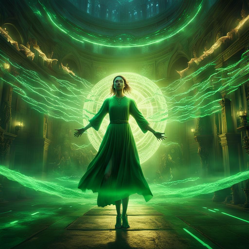 Glowing Woman Levitating in Green Light
