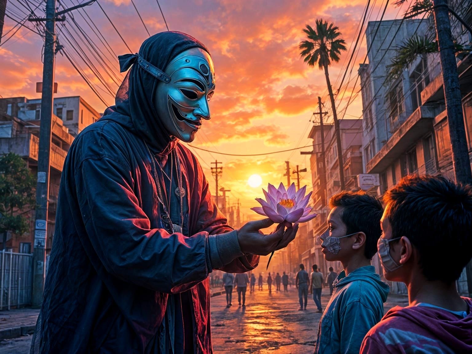 Handing a Lotus Flower to hungry young people in the streets of Tijuana.