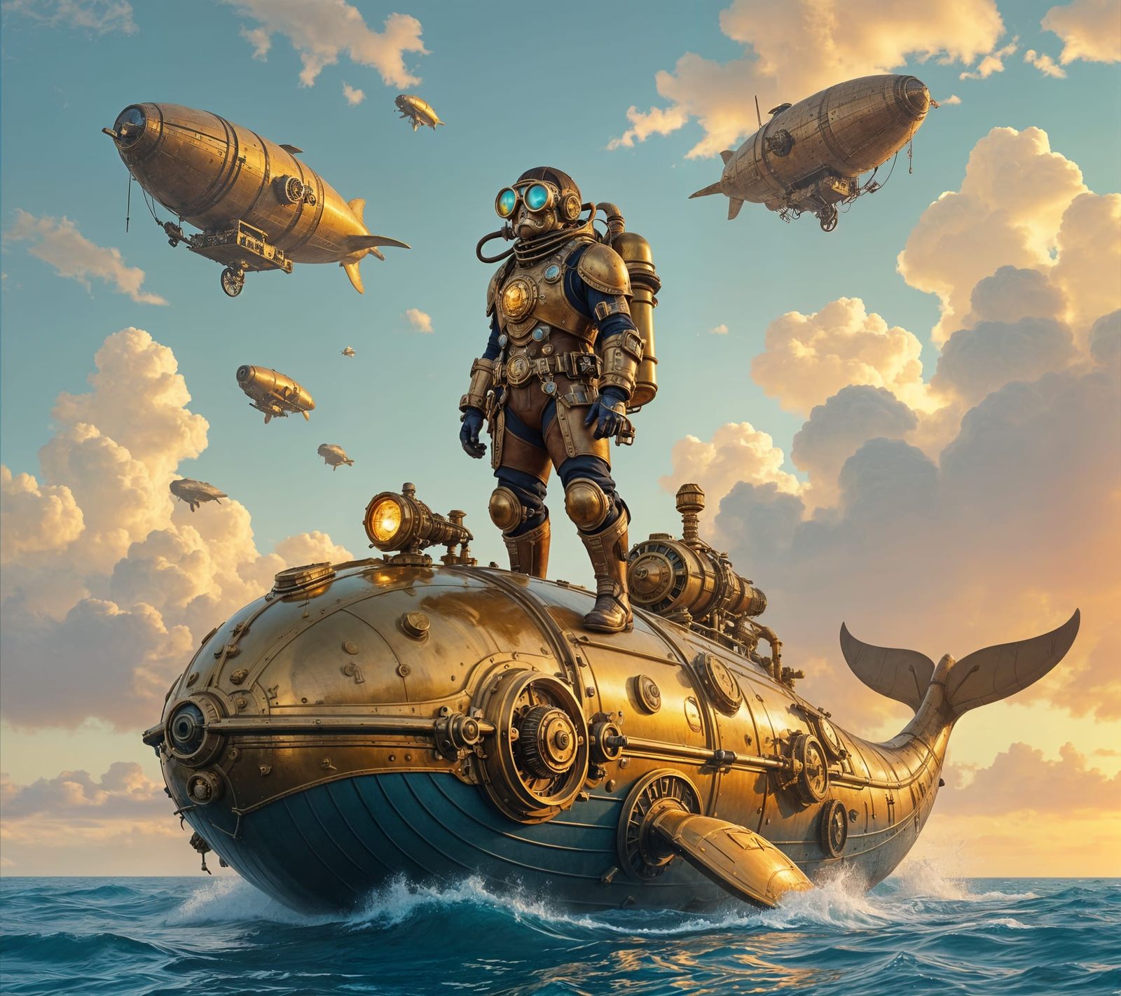Steampunk Explorer on Clockwork Whale with Dirigibles
