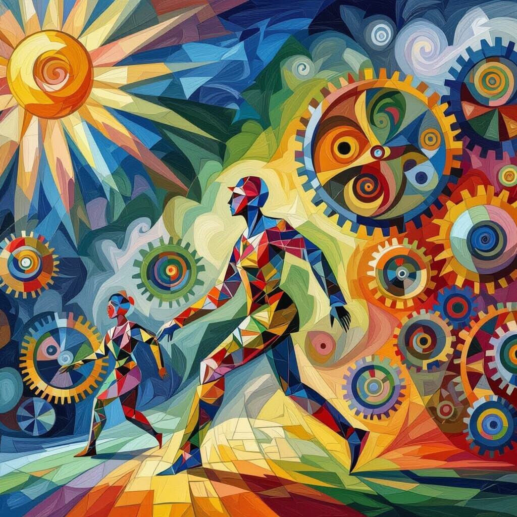 Surreal Cubist Journey: Life's Colorful Gears in Motion