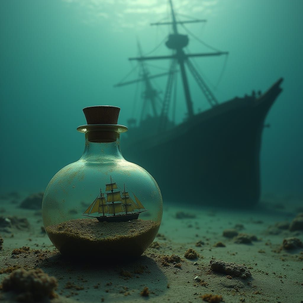 Vintage Shipwreck with Miniature Ship in Bottle