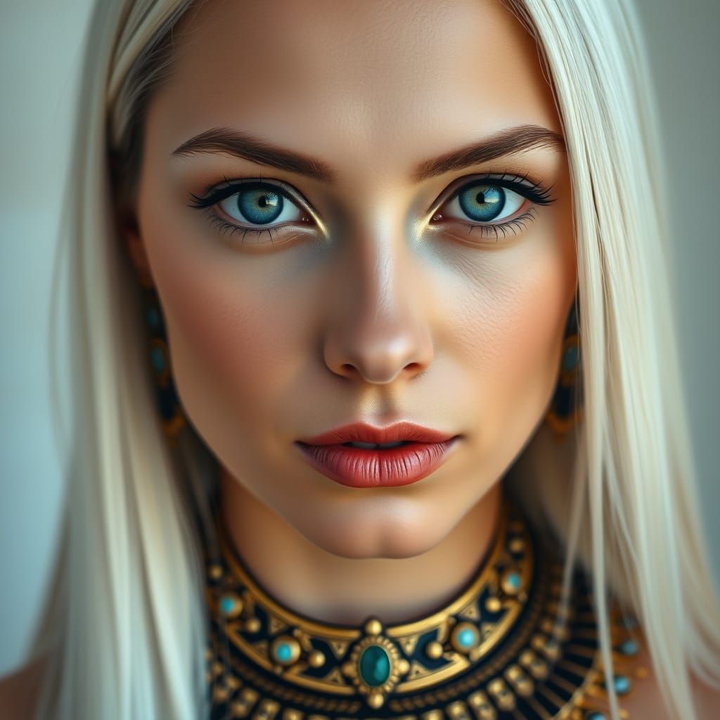 Regal Woman with White Hair and Egyptian-Inspired Necklace