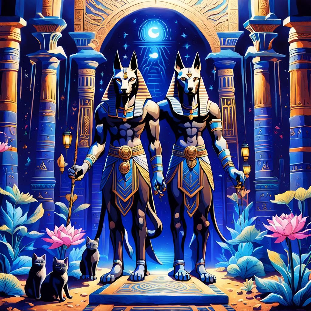 Anubis Guards Underworld Entrance with Ethereal Cats