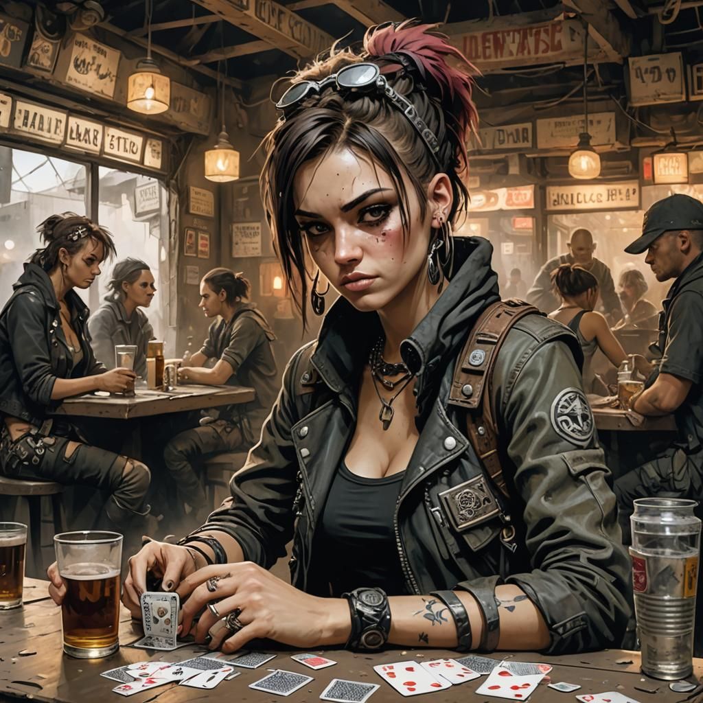 Girl Plays Cards in Post-Apocalyptic Bar