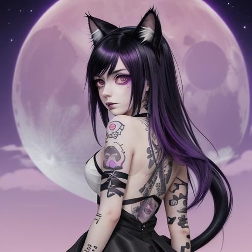 Pastel Goth Anime Girl with Cat Features