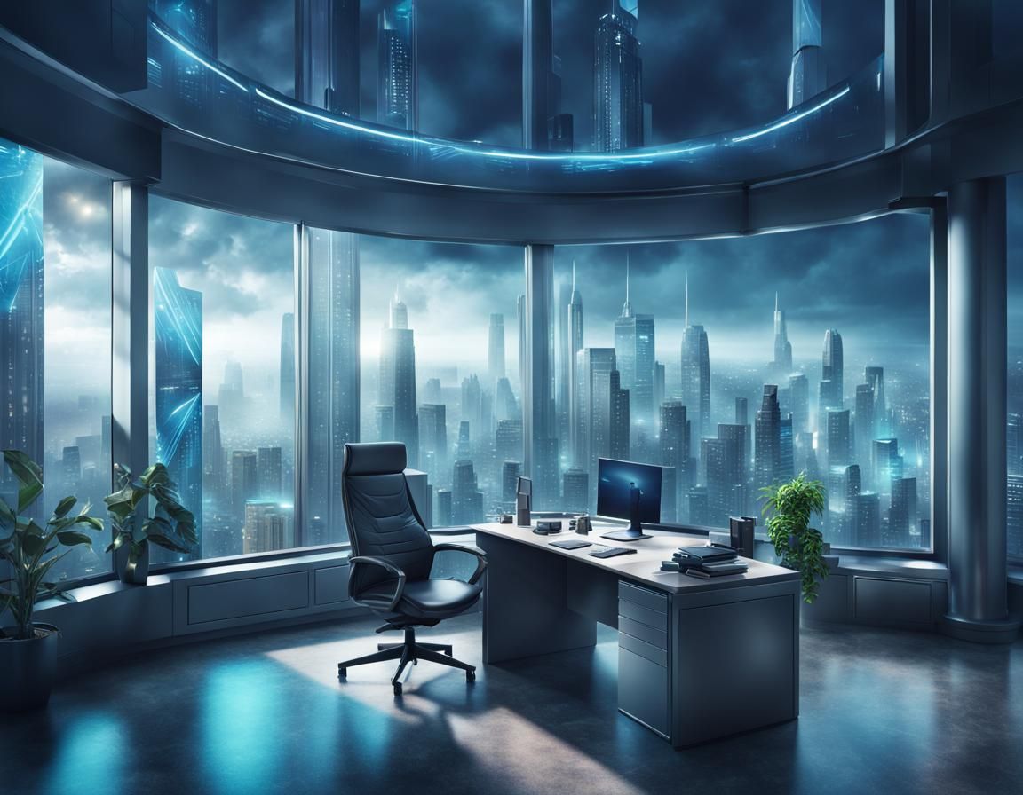 Futuristic Office with Cityscape View