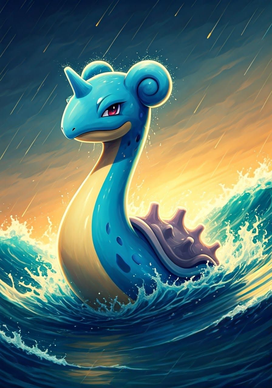 Majestic Lapras Emerges from Turbulent Waters in Cyberpunk S...