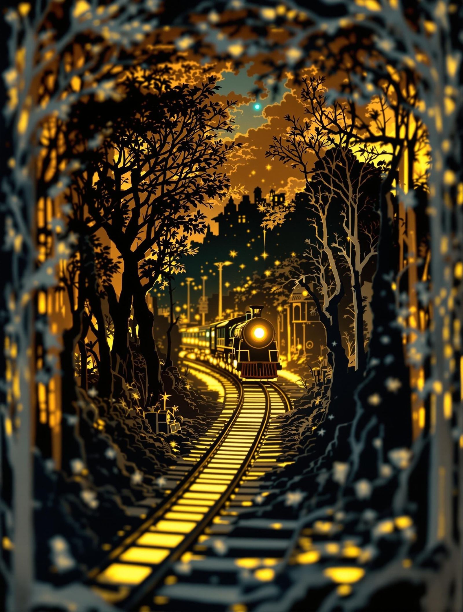 Grisaille Train in 3D Papercut Shadowbox