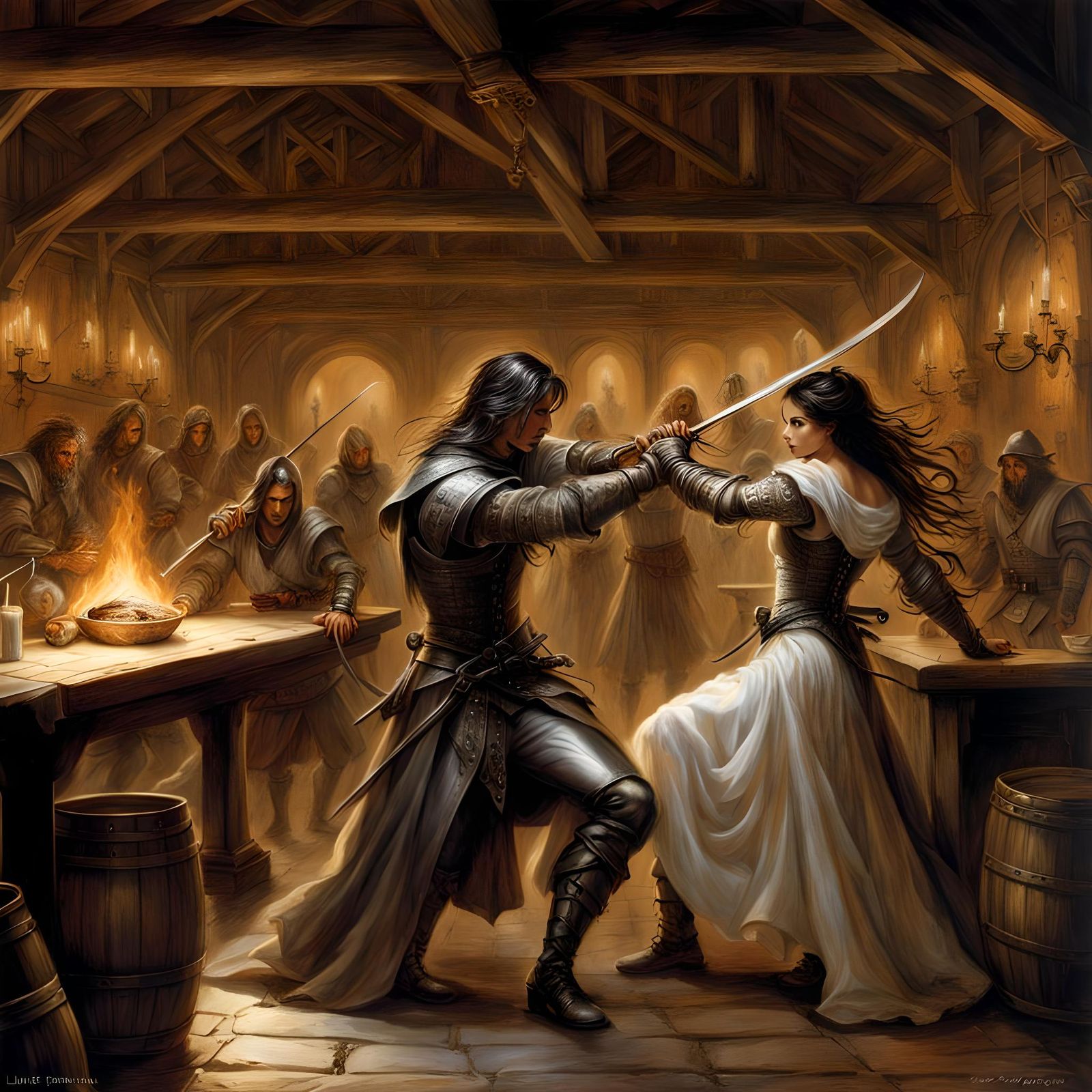 Fencer Duel in Dark Fantasy Medieval Tavern