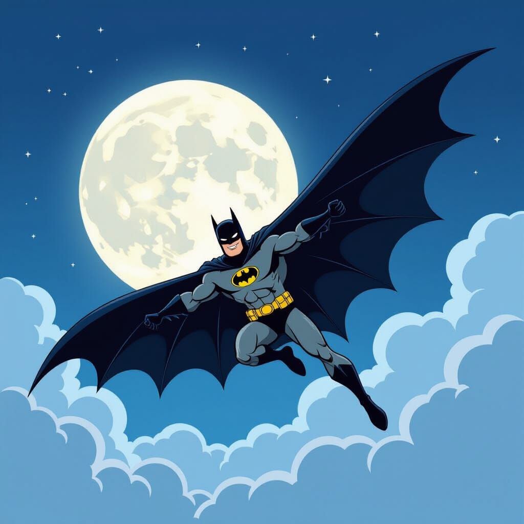 Batman Soaring Over Clouds at Night as Cartoon Illustration