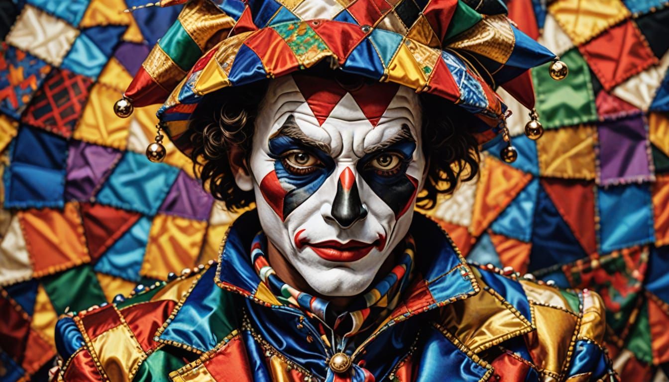 Vivid Harlequin Portrait in Mixed Media Collage Style