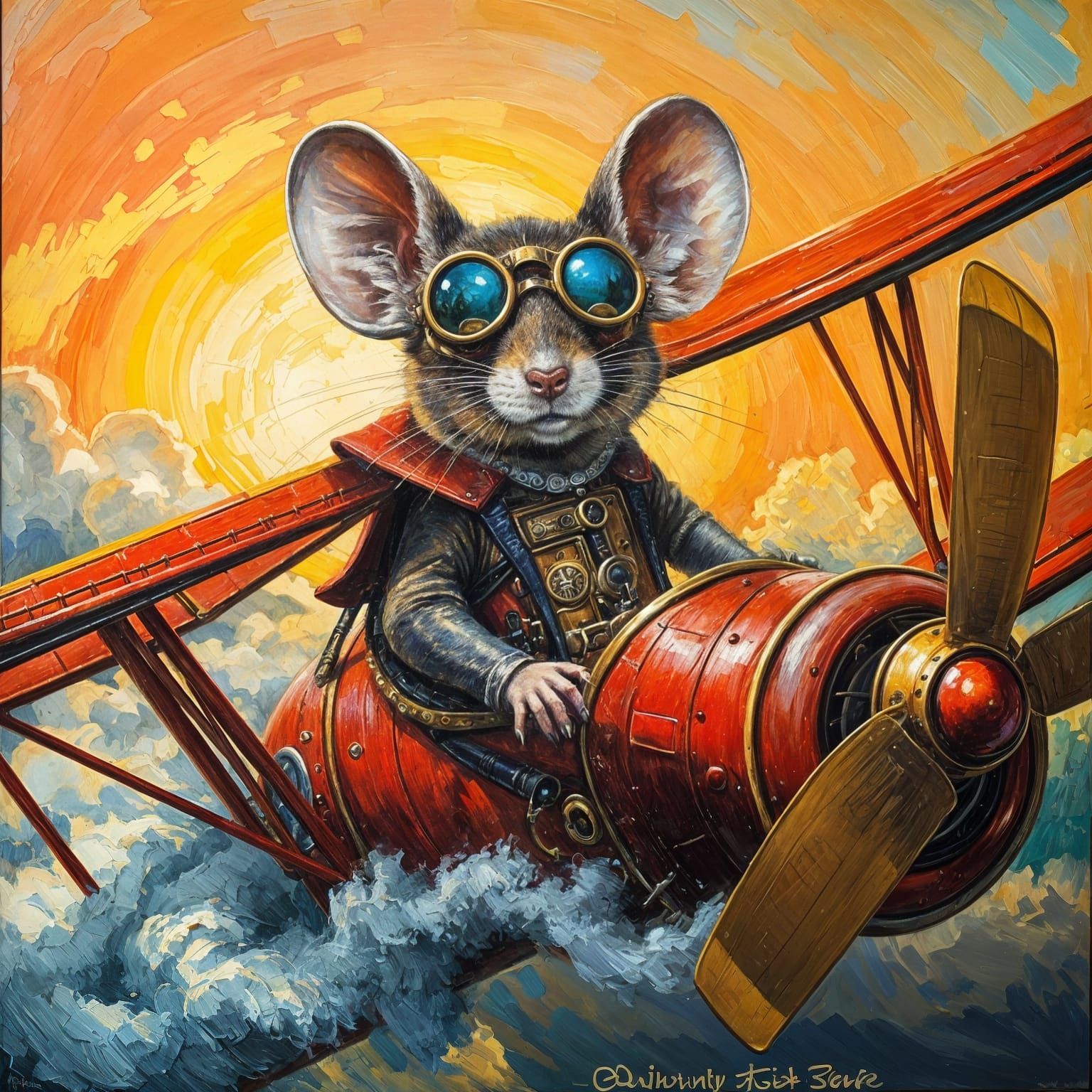 Steampunk Mouse Flies Airplane: Expressionist Oil Painting