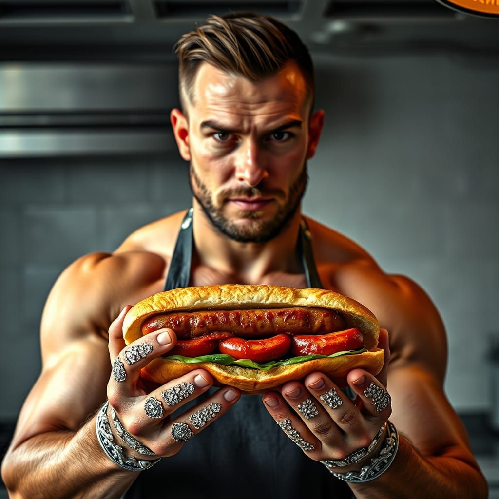 Chef Serves Sausage Sandwich in Photorealistic Style