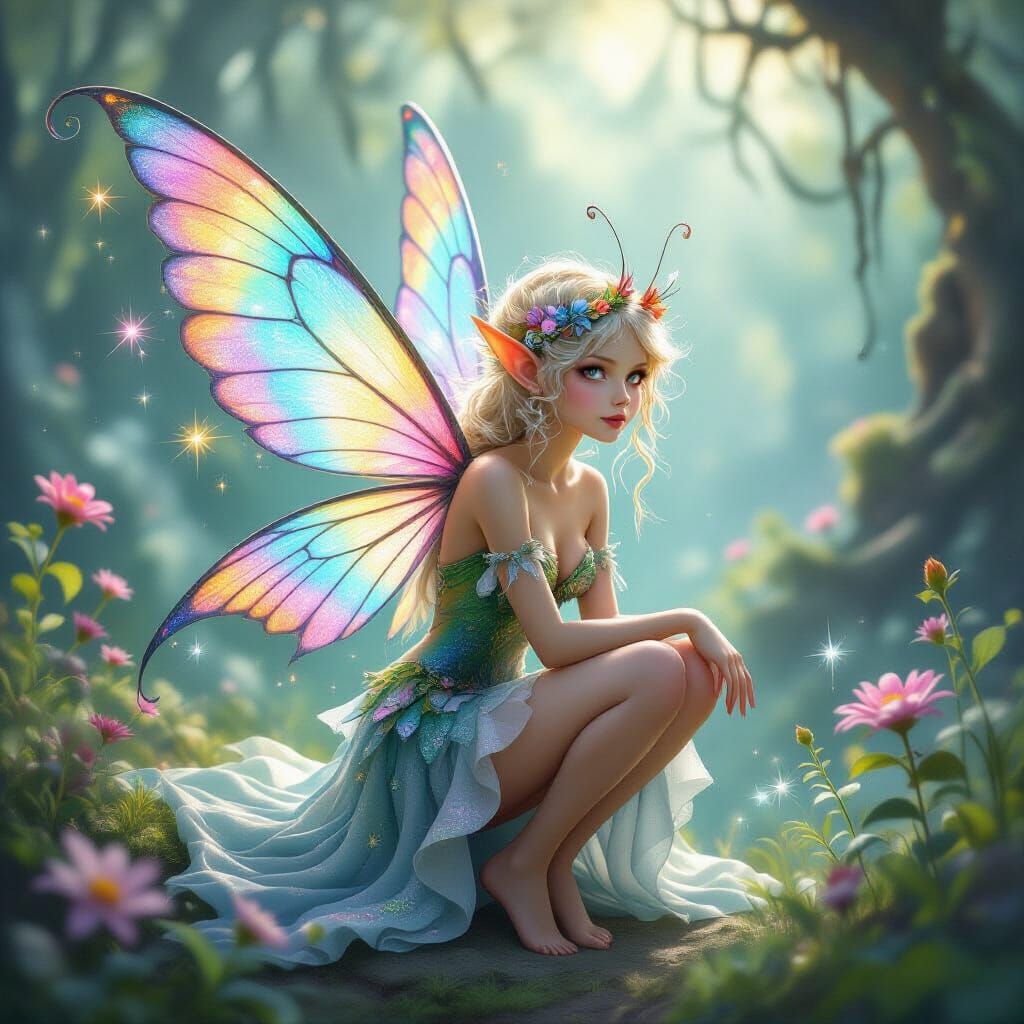 Delicate Fairy with Insect Wings in Dreamlike Setting