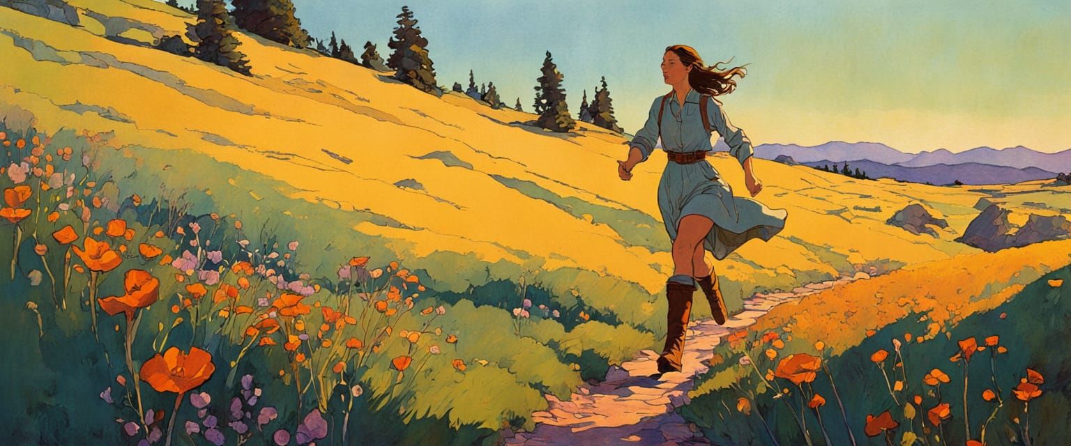 Girl Chasing Butterflies in a Vibrant Flower Field