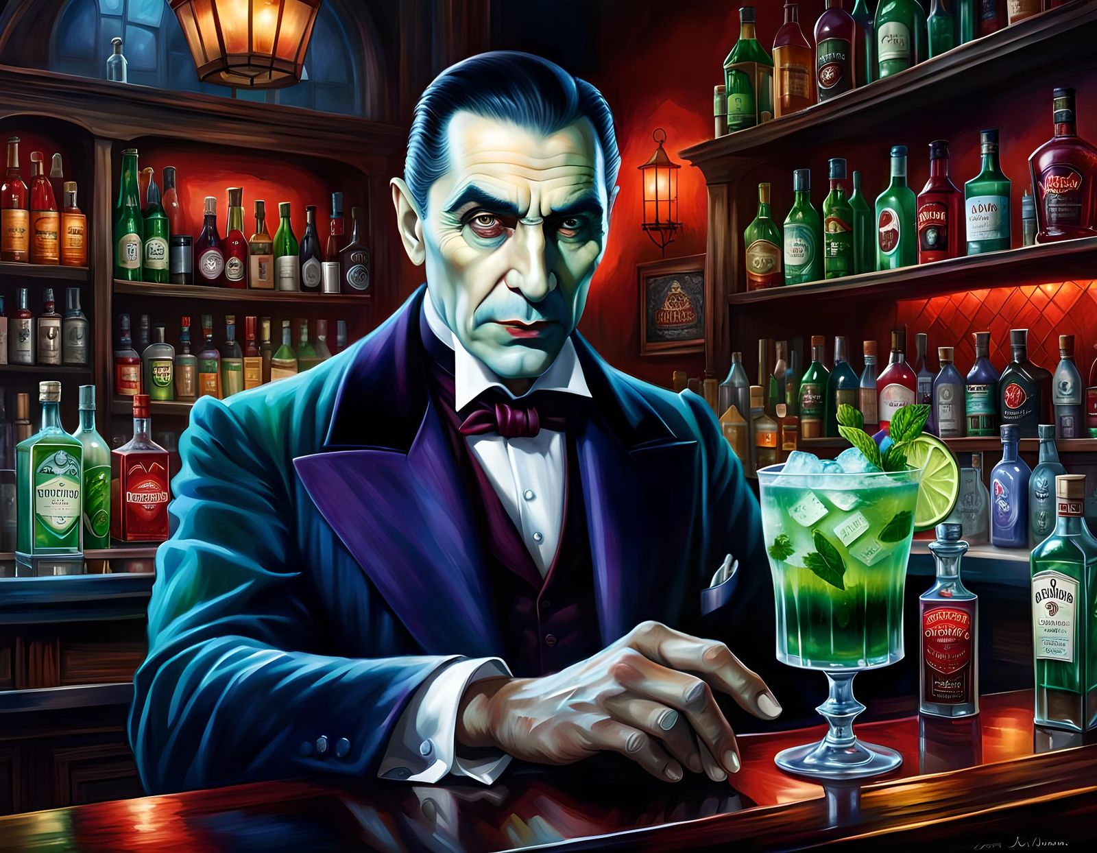 Dracula as Bartender Mixing Mojitos