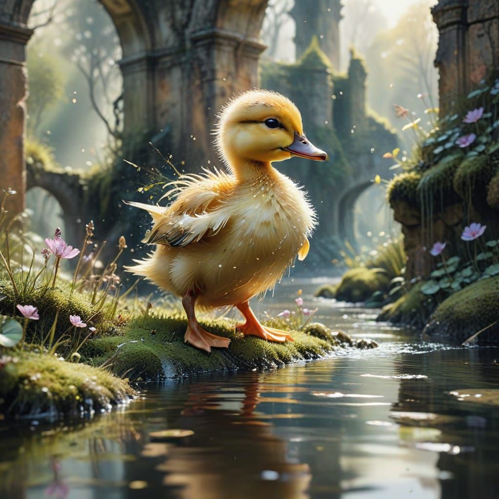 Ballet Duckling in Ruins: Watercolor Art