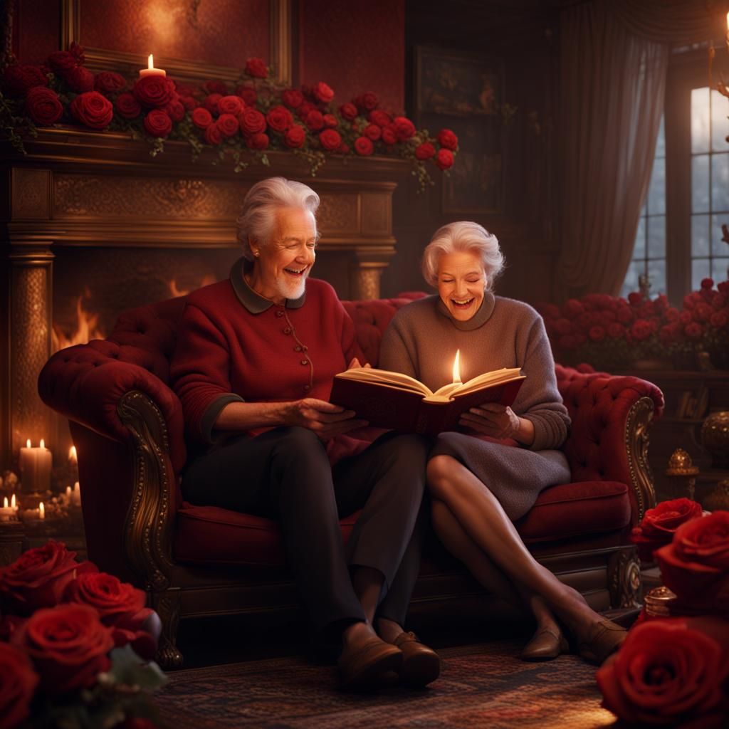Mature Couple Reading Surrounded by Roses