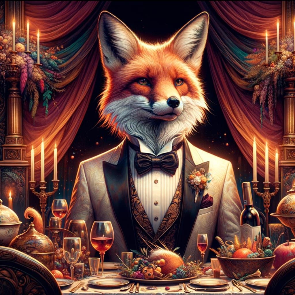 Elegant Fox in Tuxedo Hosts Fantastical Wildlife Dinner Part...