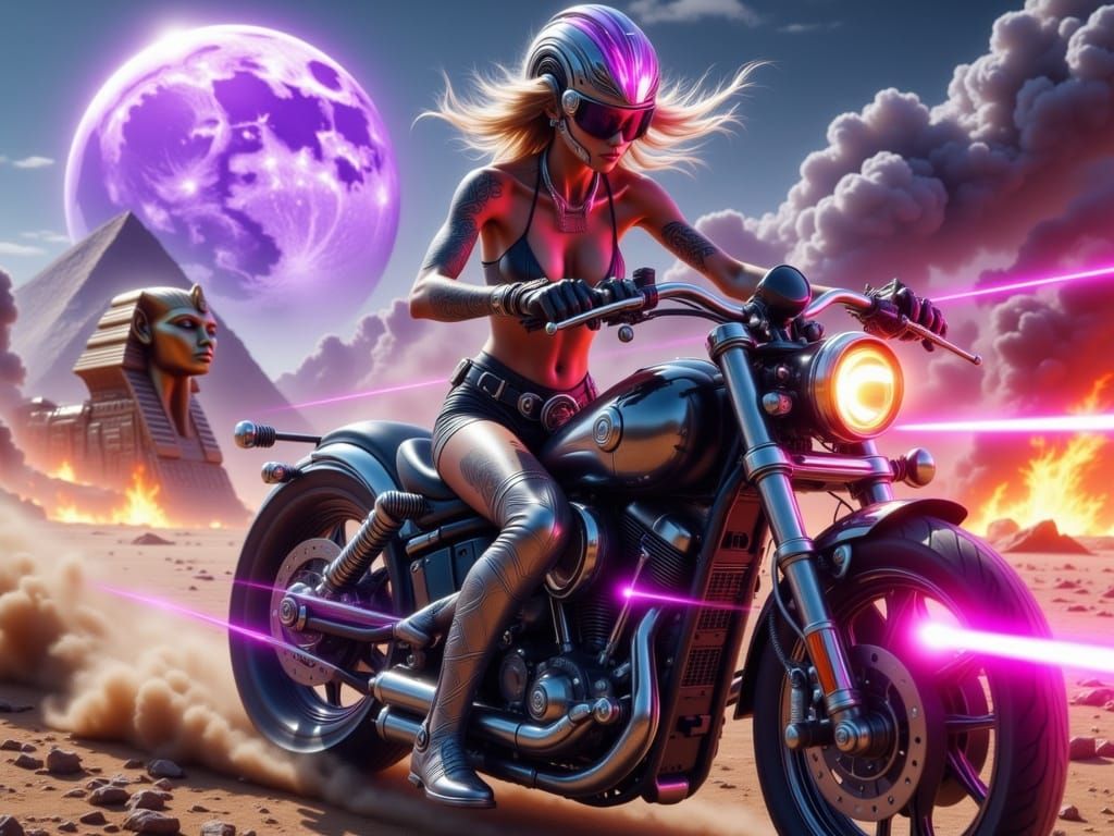 Biker on Chrome Motorcycle in Sci-Fi Battlefield