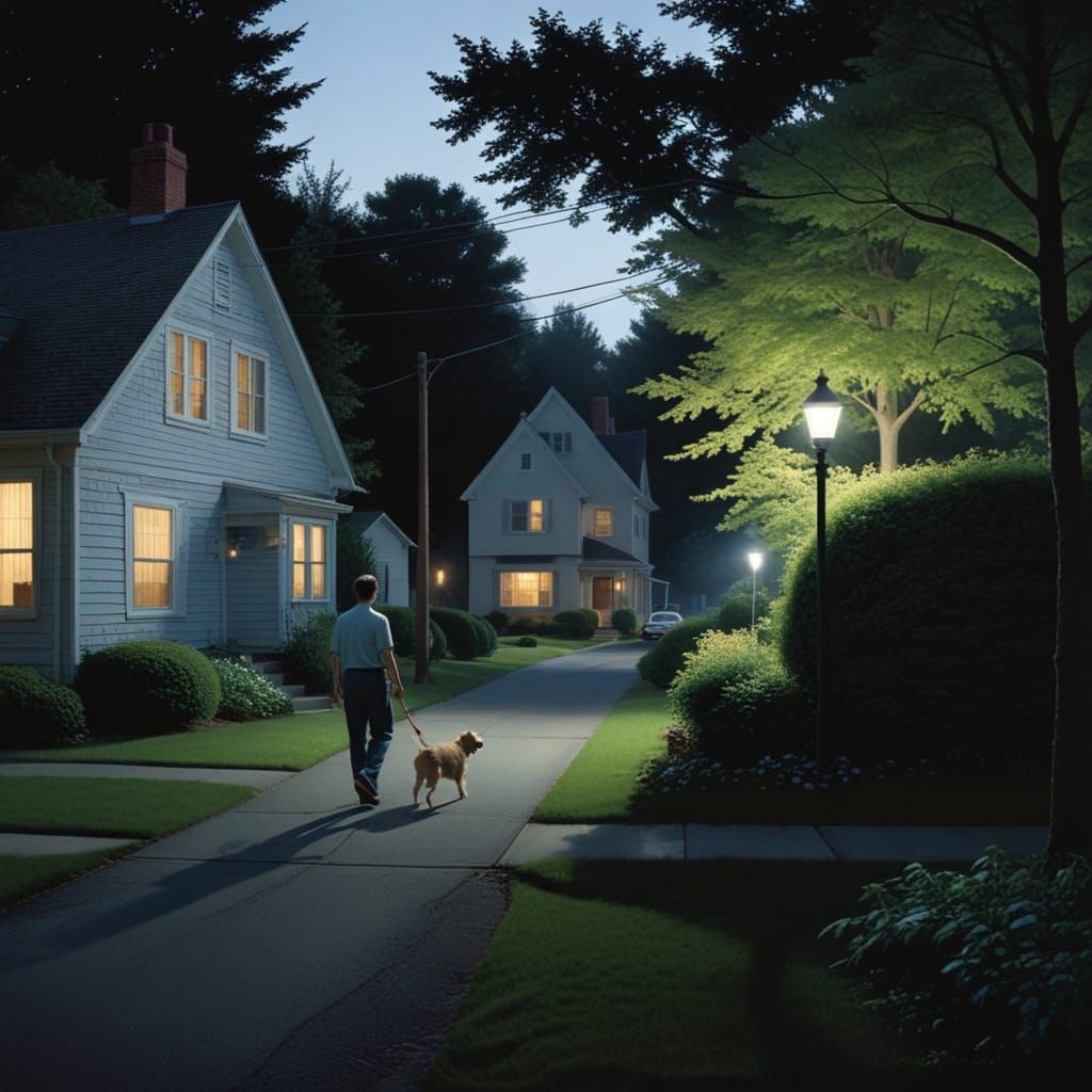 Night Walk in Suburban Landscape with Dog