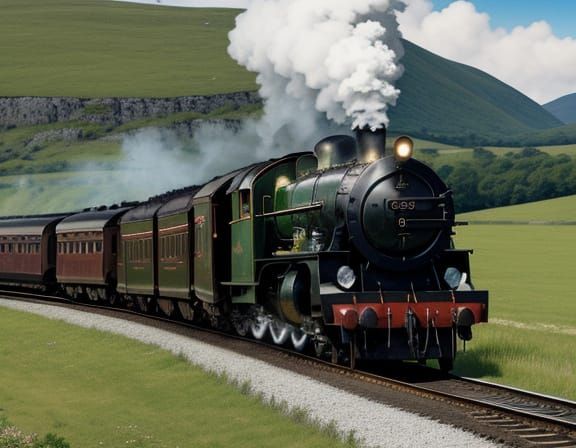 Hyperrealistic Steam Train Near Village