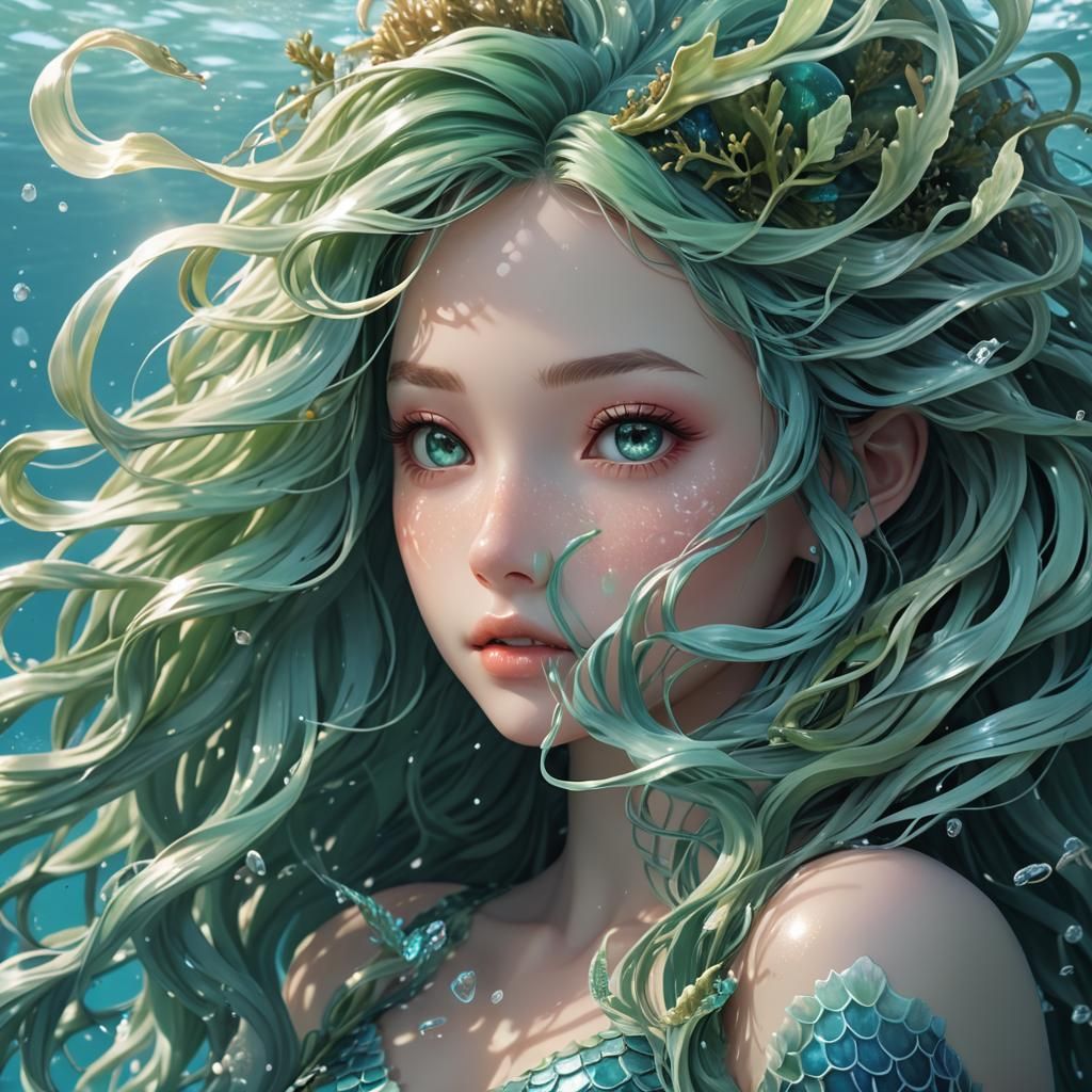 Anime Mermaid with Seaweed Hair in 3D