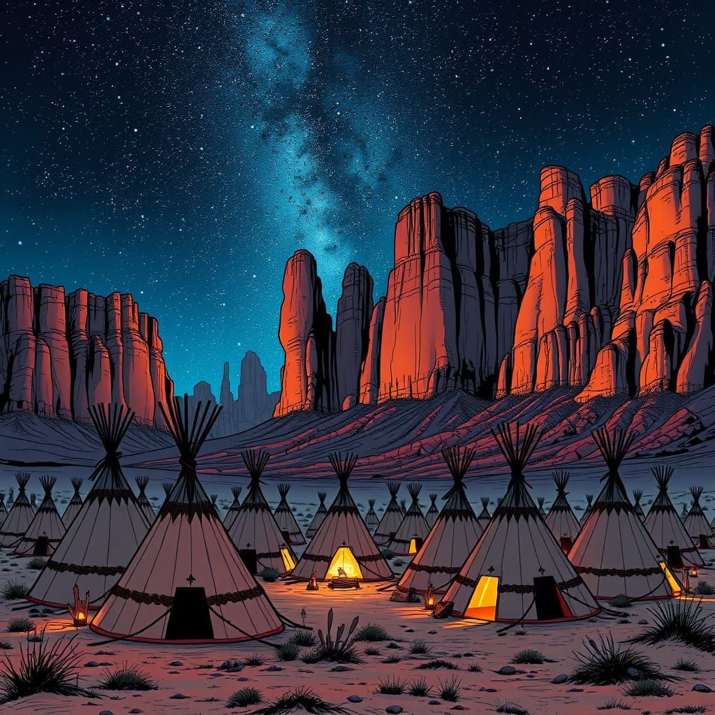 19th Century Native American Encampment Under Starry Desert ...