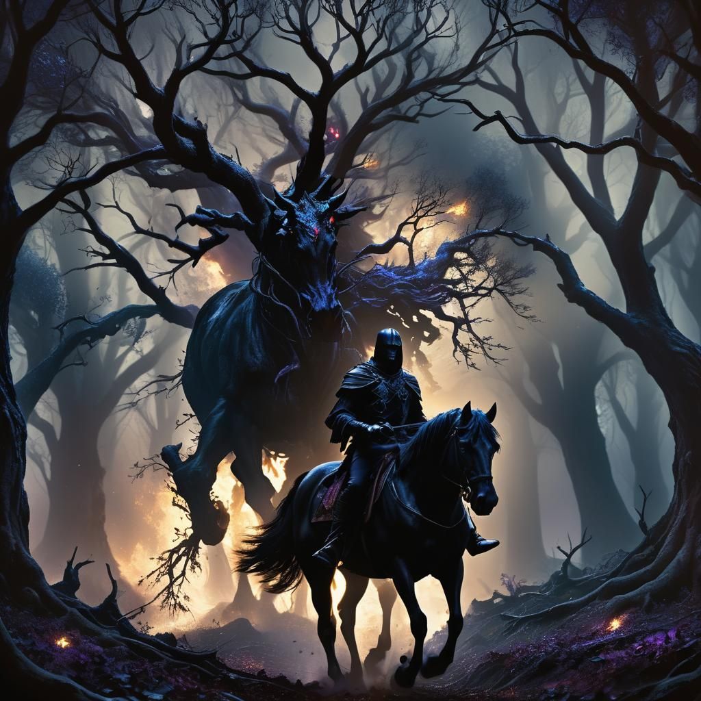 Darkling Rides Through Dark Woods in Matte Painting