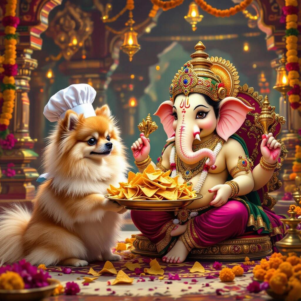 Pomeranian Serves Nachos to Lord Ganesha in Temple Hall