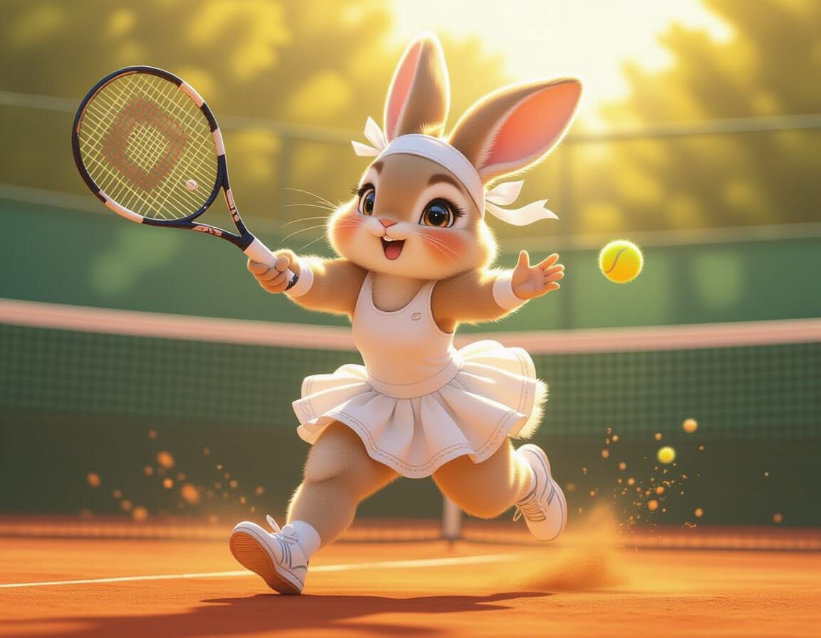 Anime Bunny Plays Tennis on Clay Court