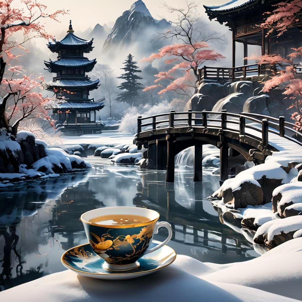 Winter Garden in Kintsugi Teacup: Kuwashii Ink Painting