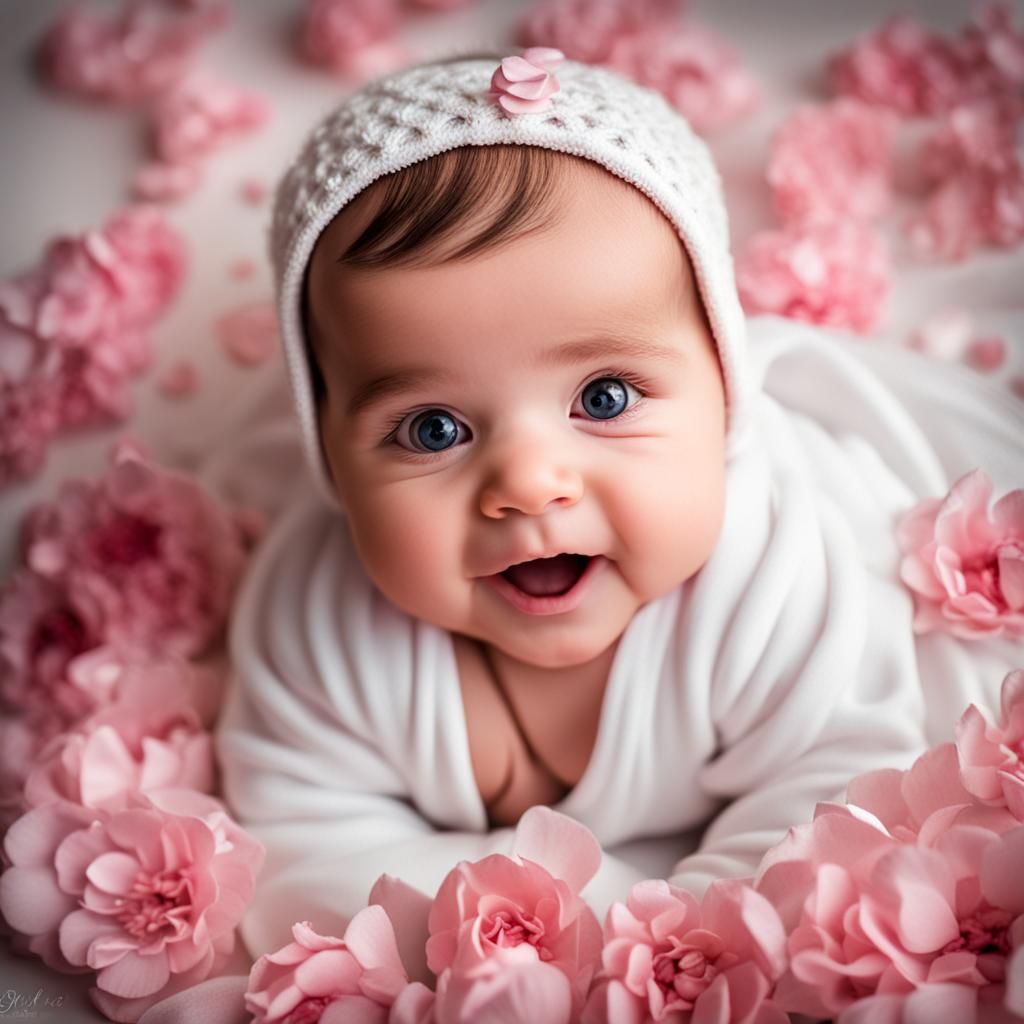 Happy Newborn Baby Girl in White Gown