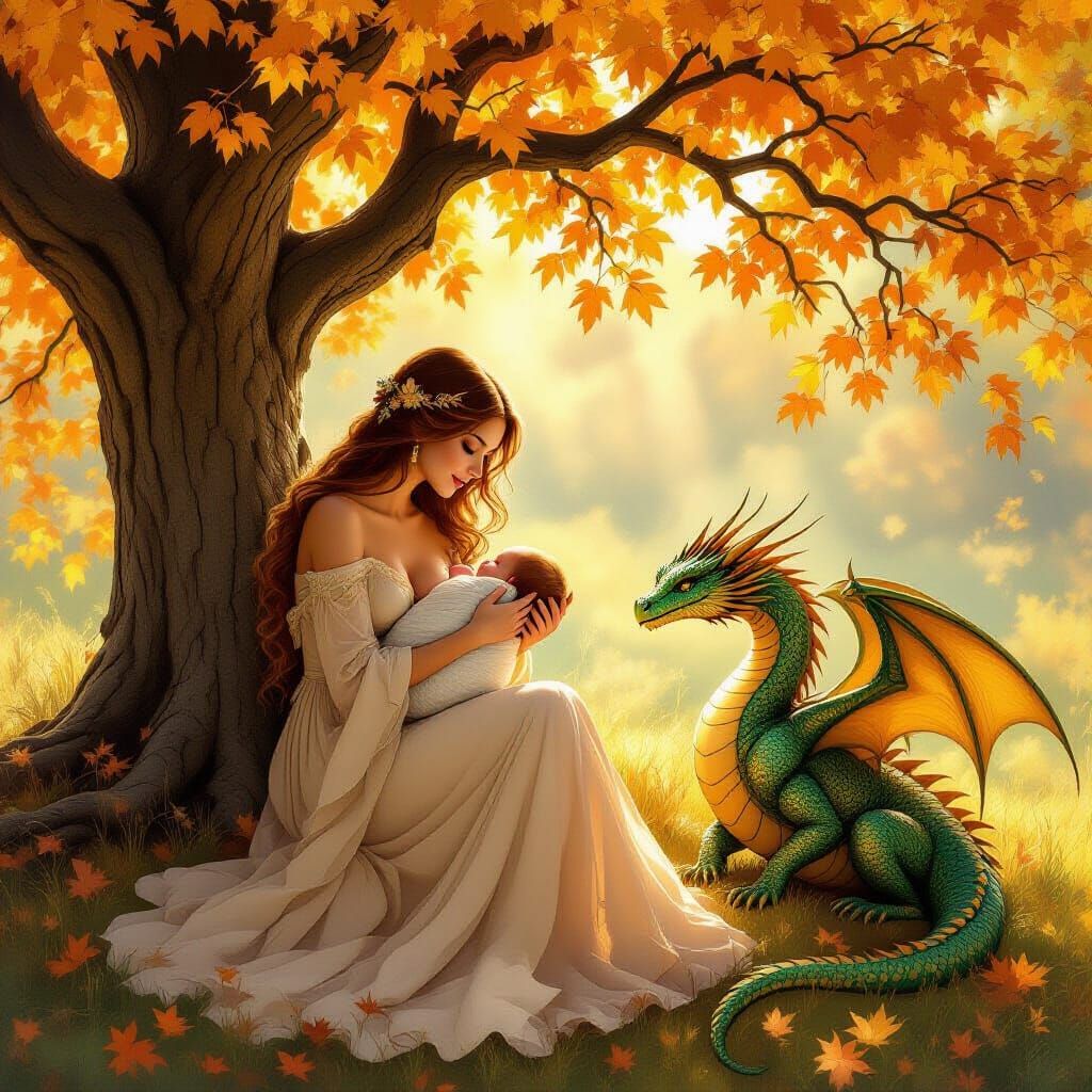 Serene Mother and Baby with Dragon Under Golden Oak Tree