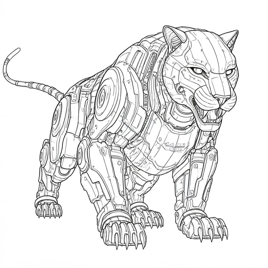 Intricate Line Drawing of a Mechanized Panther