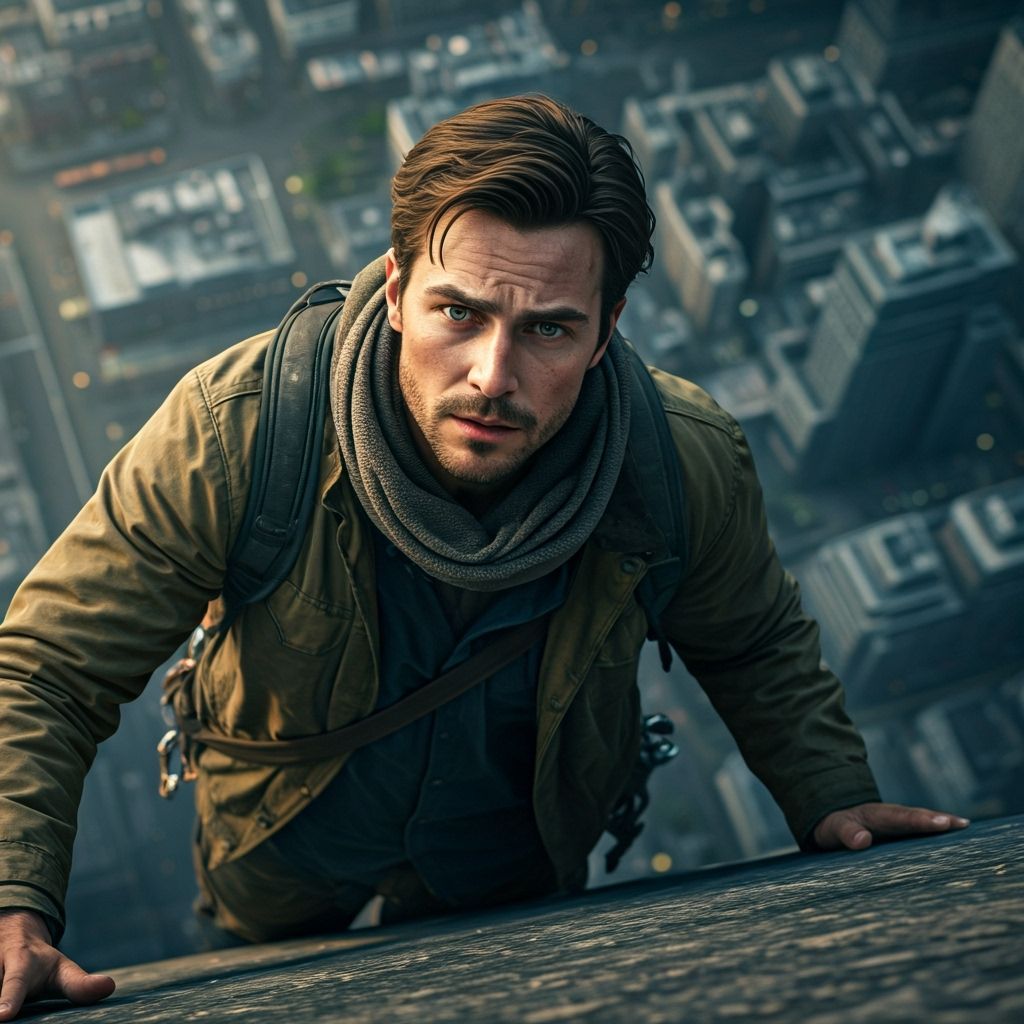 Man Climbing Building Exterior in Cinematic Style