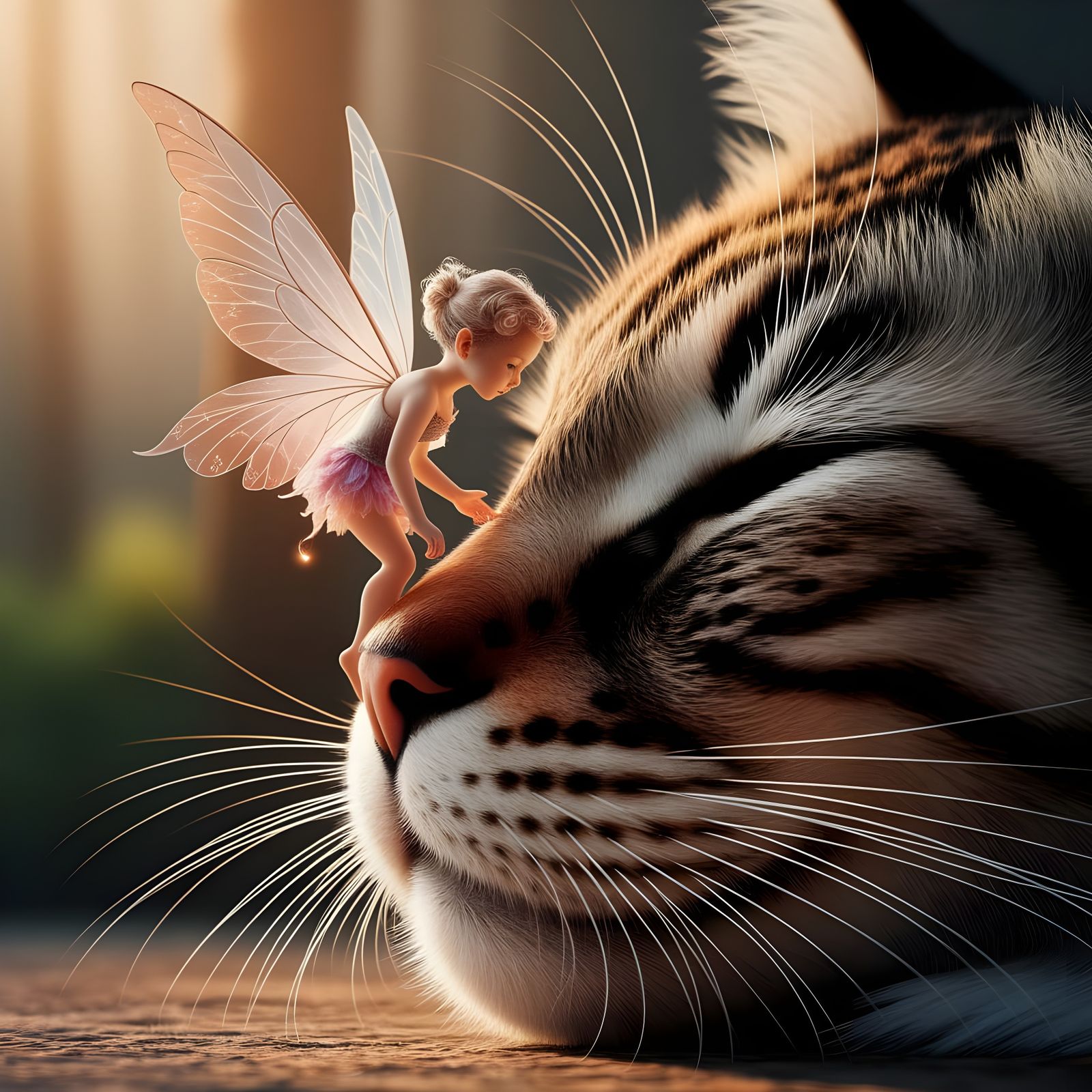 Fairy on a Sleeping Cat: Magical Realism Macro Scene
