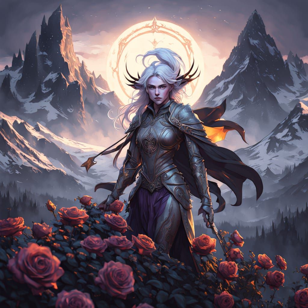 Albino Elf Warrior on Mountain Peak in Dark Fantasy Art
