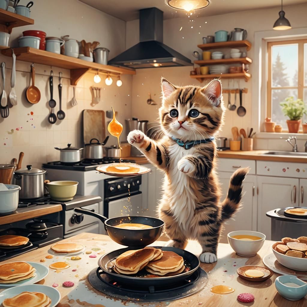Kitten Chef: Whimsical Digital Art in Cozy Kitchen