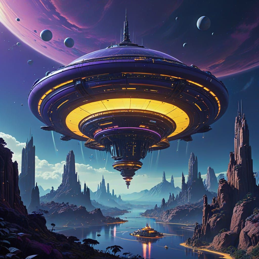 An amazing UFO floating  futuristic cities with distant plan...