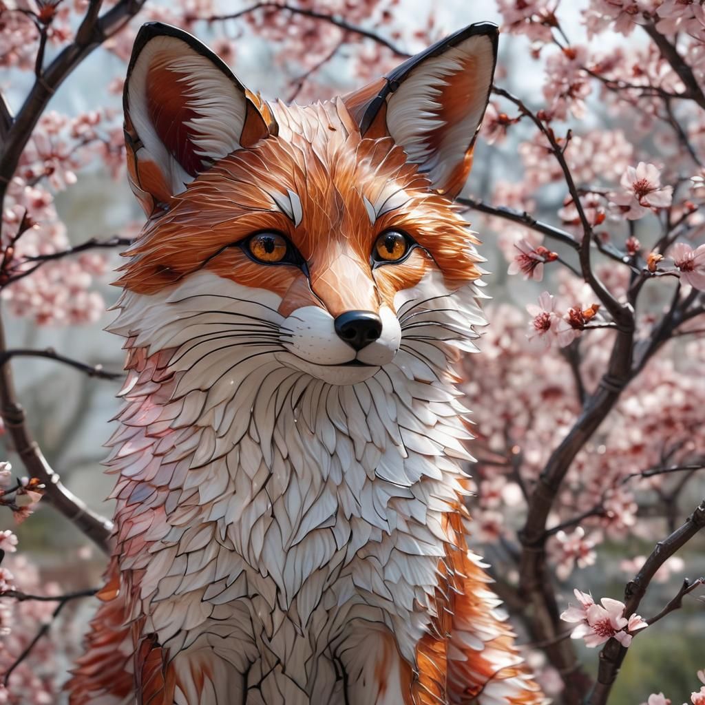 Stained Glass Fox Amongst Cherry Blossoms