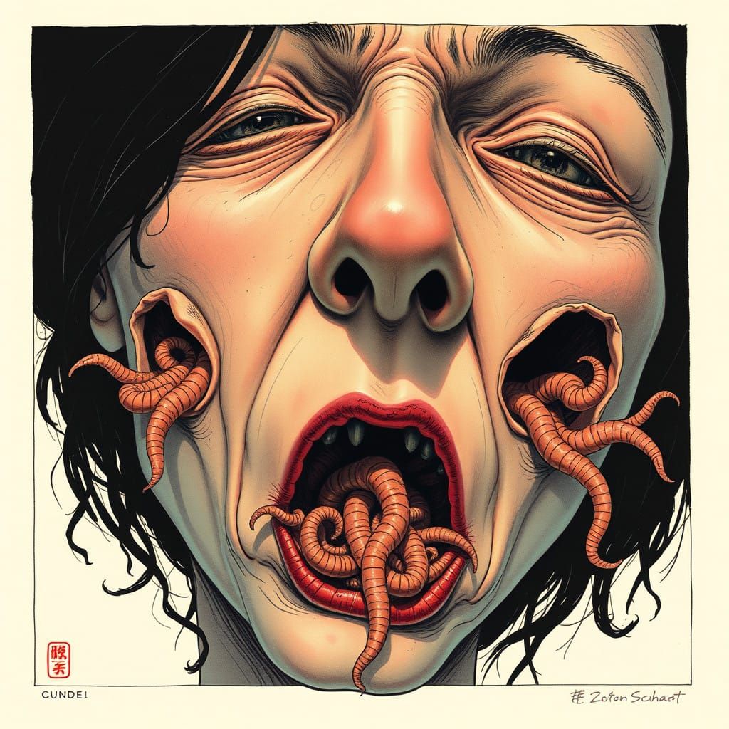 Grotesque, Hyperrealistic Face with Worms and Bold Lines