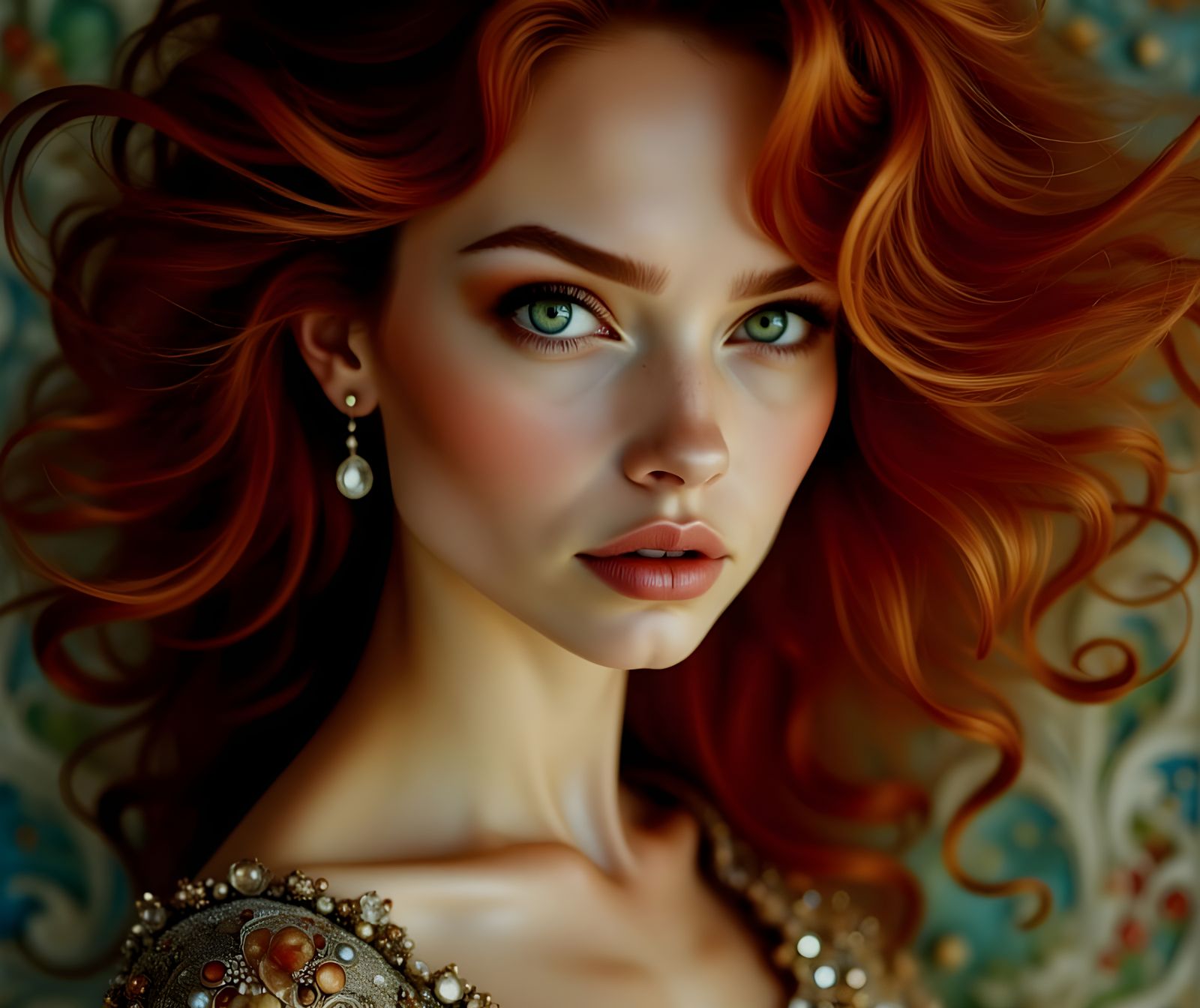 Head and shoulders of  woman with green eyes