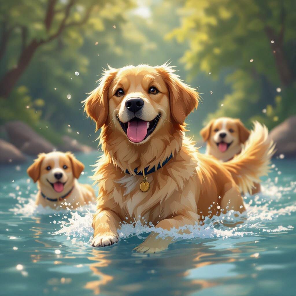 Golden Retriever Swimming with Friends in 3D Anime Art