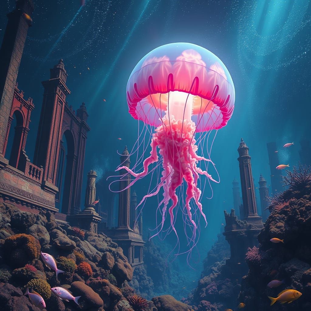 Bioluminescent Jellyfish Drifting Through Sunken City